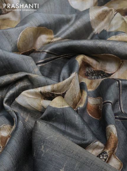 Semi tussar saree military green with floral prints and simple zari border