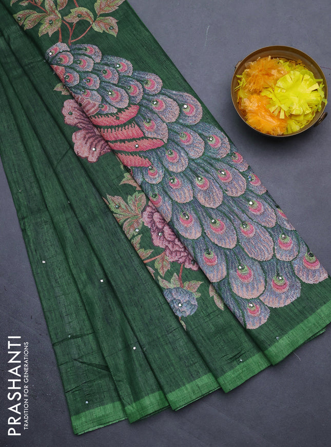 Semi tussar saree dark green with allover mirror work and simple border