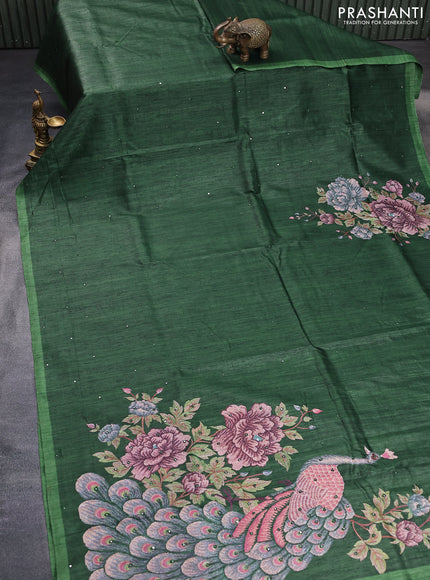 Semi tussar saree dark green with allover mirror work and simple border