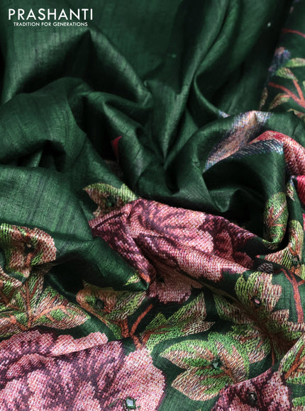 Semi tussar saree dark green with allover mirror work and simple border