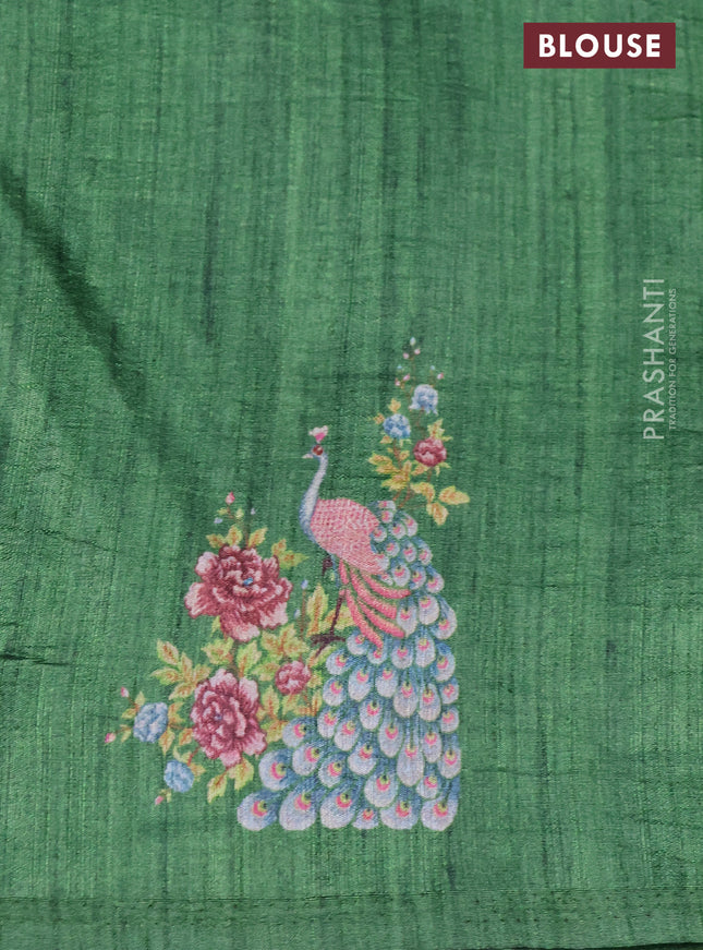 Semi tussar saree dark green with allover mirror work and simple border