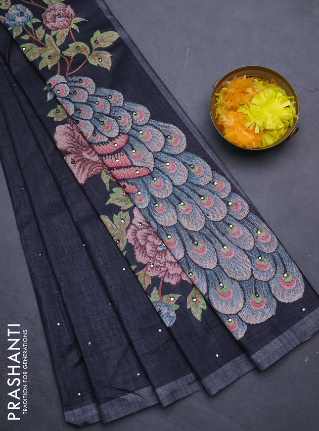 Semi tussar saree black with allover mirror work and simple border