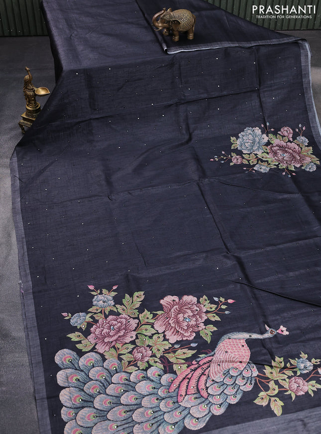 Semi tussar saree black with allover mirror work and simple border