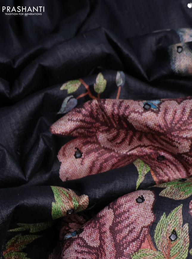 Semi tussar saree black with allover mirror work and simple border