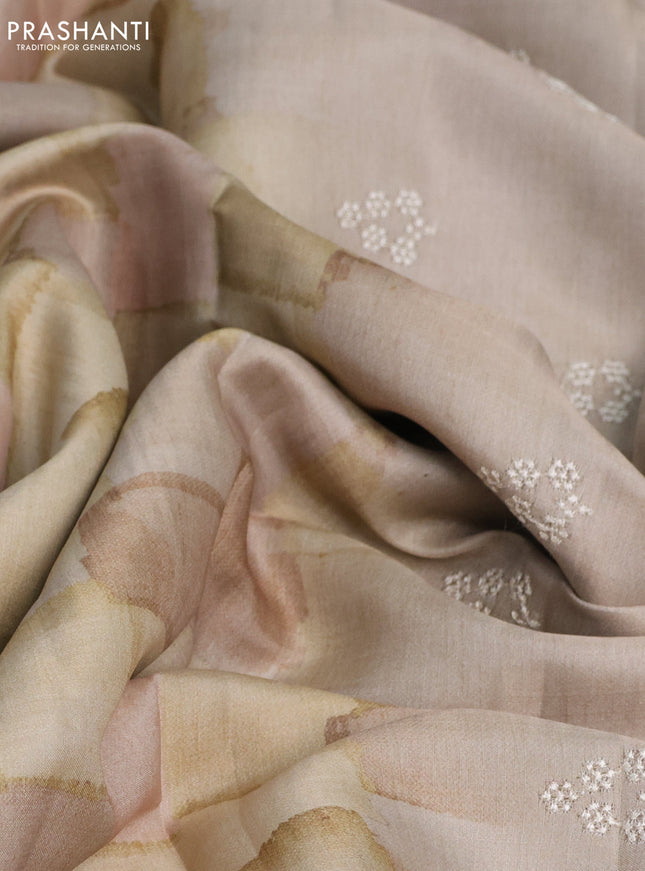 Semi tussar saree pale yellow and beige with allover geometric prints and embroidery cut work border