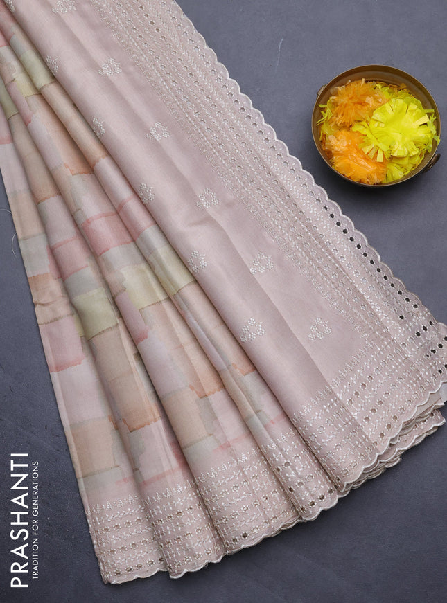 Semi tussar saree mild peach shade with allover geometric prints and embroidery cut work border
