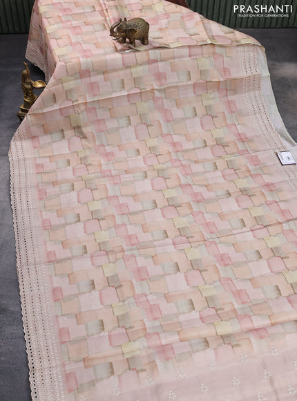 Semi tussar saree mild peach shade with allover geometric prints and embroidery cut work border