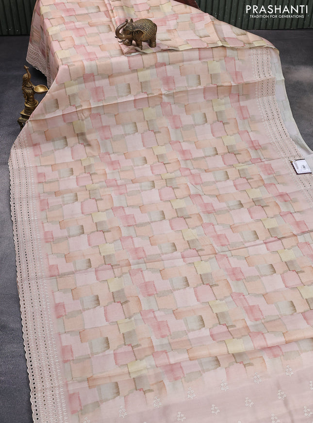 Semi tussar saree mild peach shade with allover geometric prints and embroidery cut work border