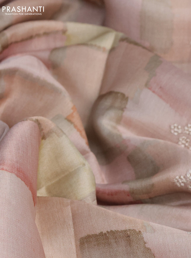 Semi tussar saree mild peach shade with allover geometric prints and embroidery cut work border