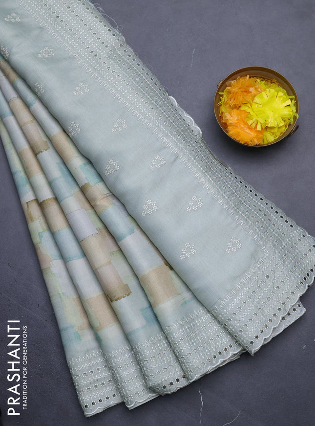 Semi tussar saree pastel green with allover geometric prints and embroidery cut work border