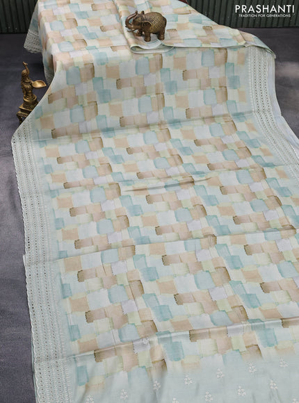 Semi tussar saree pastel green with allover geometric prints and embroidery cut work border