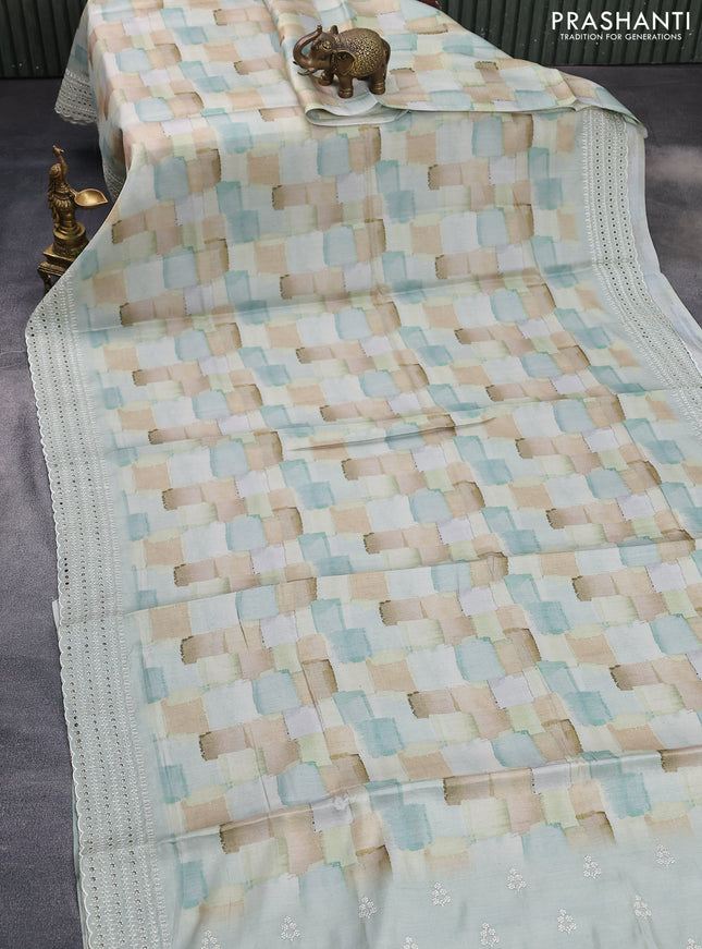 Semi tussar saree pastel green with allover geometric prints and embroidery cut work border