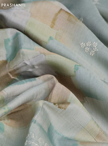 Semi tussar saree pastel green with allover geometric prints and embroidery cut work border