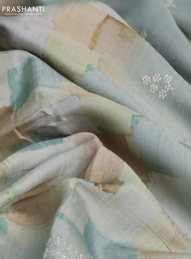 Semi tussar saree pastel green with allover geometric prints and embroidery cut work border