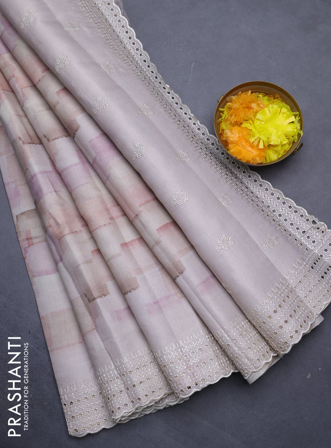 Semi tussar saree beige with allover geometric prints and embroidery cut work border