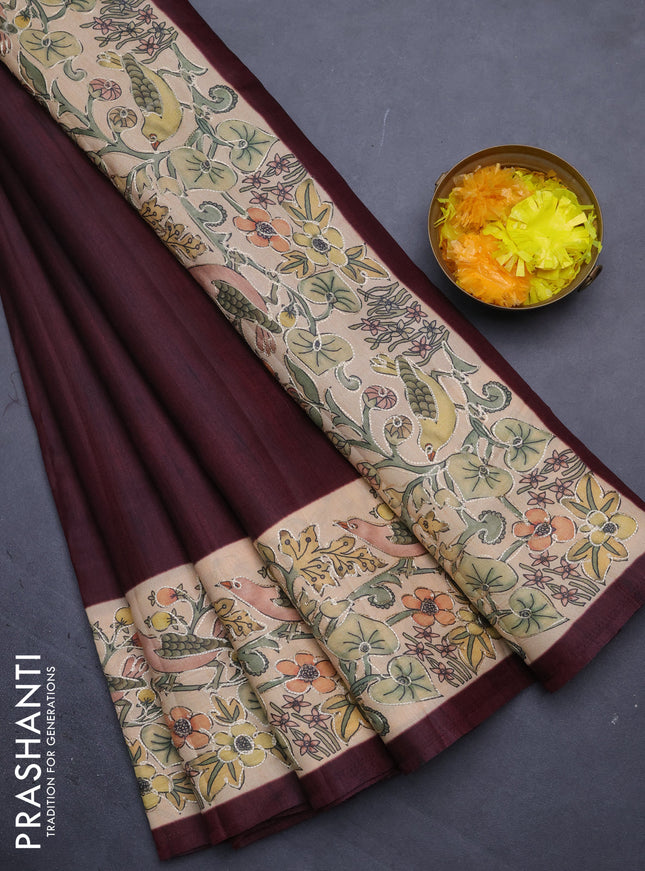 Semi tussar saree maroon and sandal with plain body and printed embroidery work border