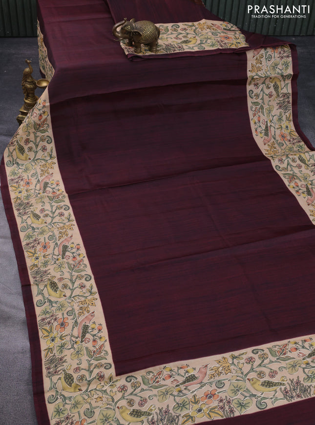 Semi tussar saree maroon and sandal with plain body and printed embroidery work border