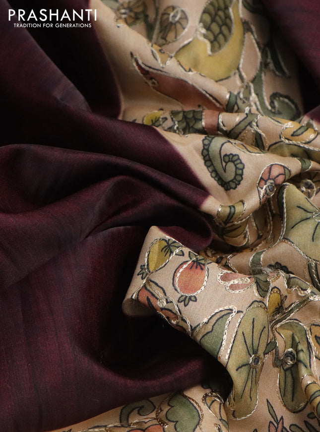 Semi tussar saree maroon and sandal with plain body and printed embroidery work border