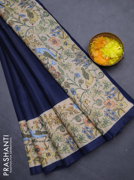Semi tussar saree peacock blue and sandal with plain body and printed embroidery work border
