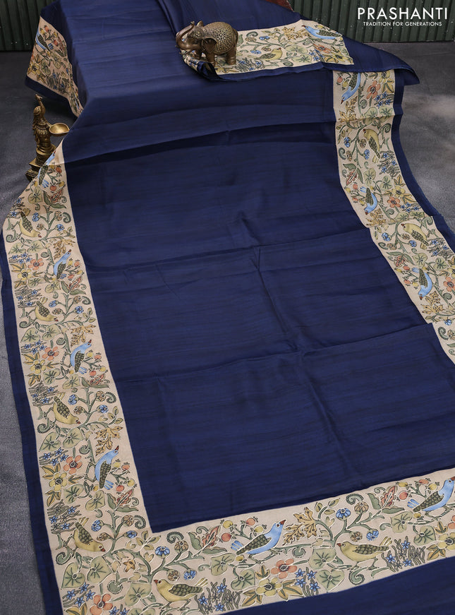 Semi tussar saree peacock blue and sandal with plain body and printed embroidery work border