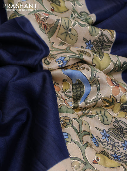 Semi tussar saree peacock blue and sandal with plain body and printed embroidery work border