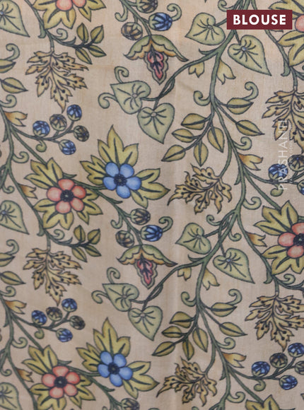 Semi tussar saree peacock blue and sandal with plain body and printed embroidery work border