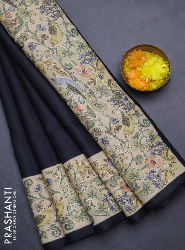 Semi tussar saree black and sandal with plain body and printed embroidery work border