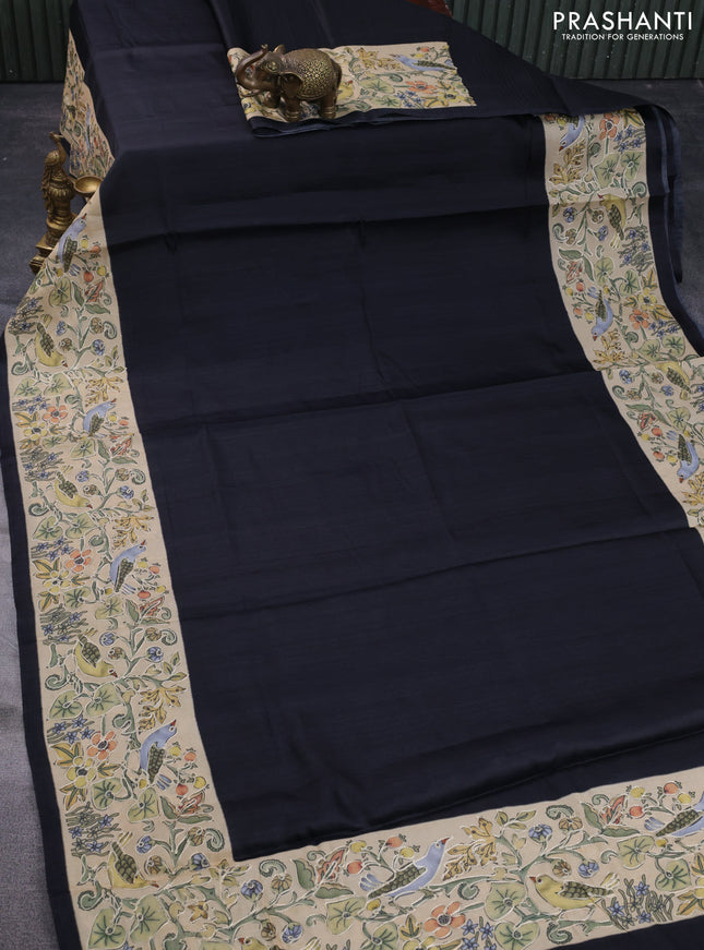 Semi tussar saree black and sandal with plain body and printed embroidery work border