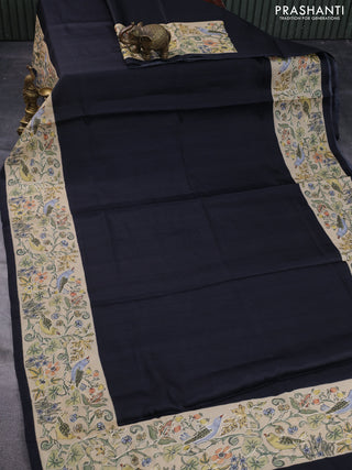 Semi tussar saree black and sandal with plain body and printed embroidery work border