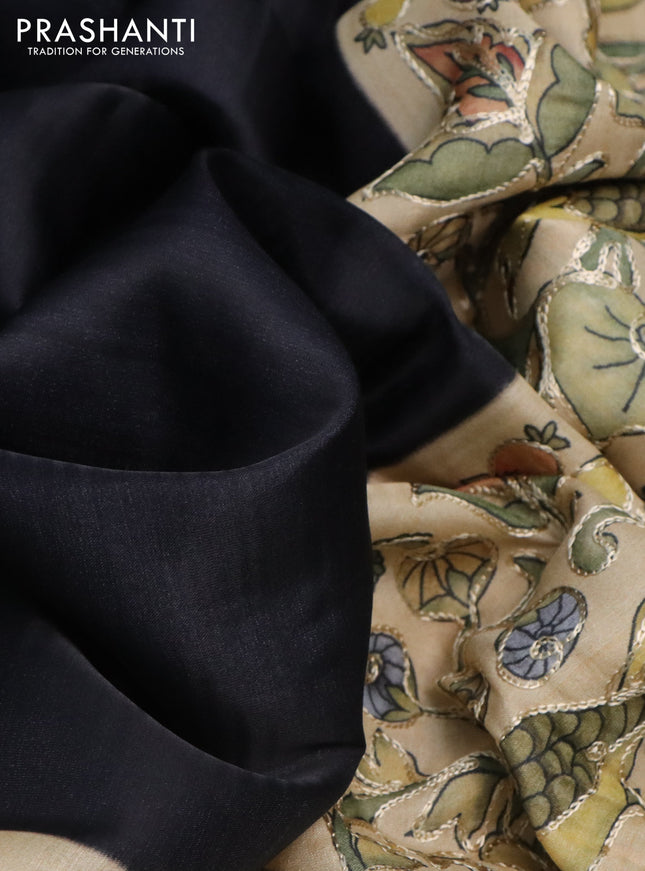 Semi tussar saree black and sandal with plain body and printed embroidery work border