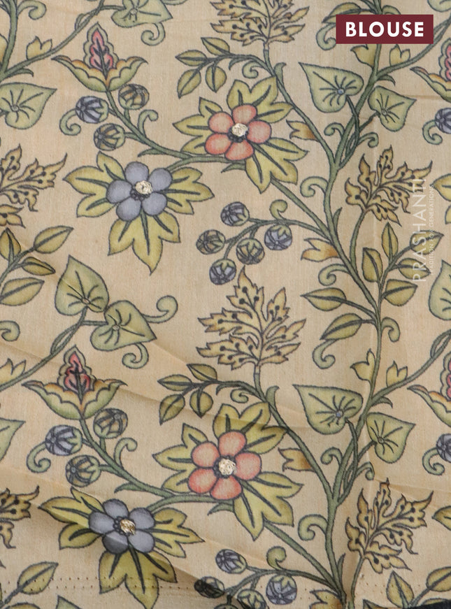 Semi tussar saree black and sandal with plain body and printed embroidery work border