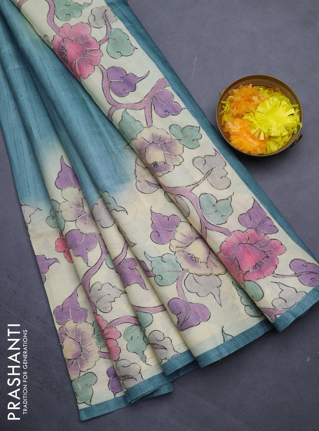 Semi tussar saree blue shade and cream with plain body and kalamkari prints & pita work border