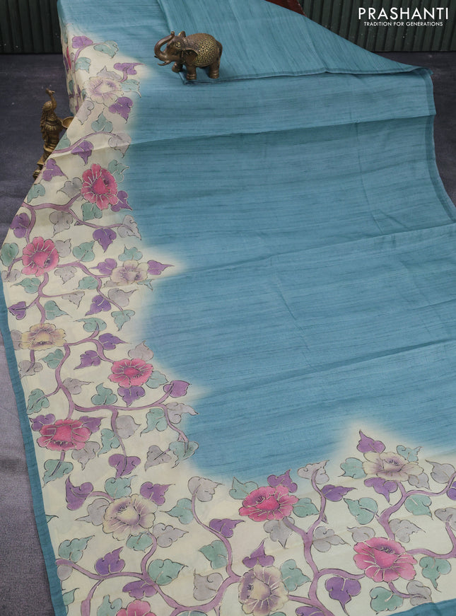 Semi tussar saree blue shade and cream with plain body and kalamkari prints & pita work border