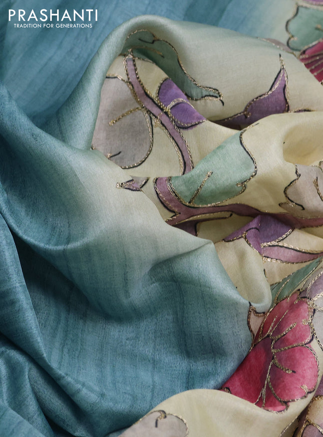 Semi tussar saree blue shade and cream with plain body and kalamkari prints & pita work border