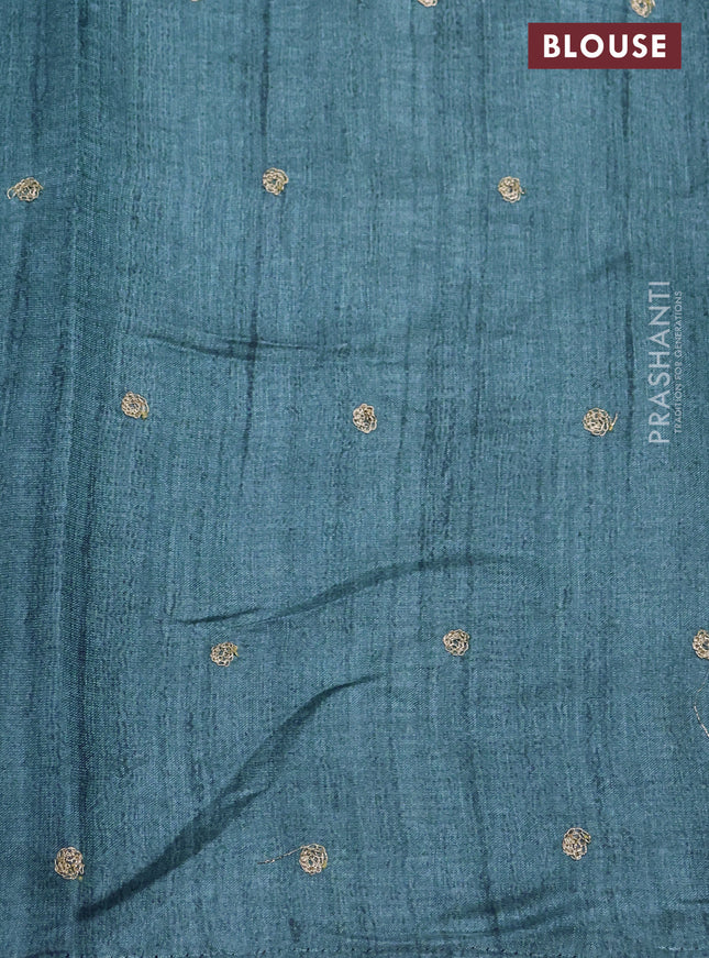 Semi tussar saree blue shade and cream with plain body and kalamkari prints & pita work border