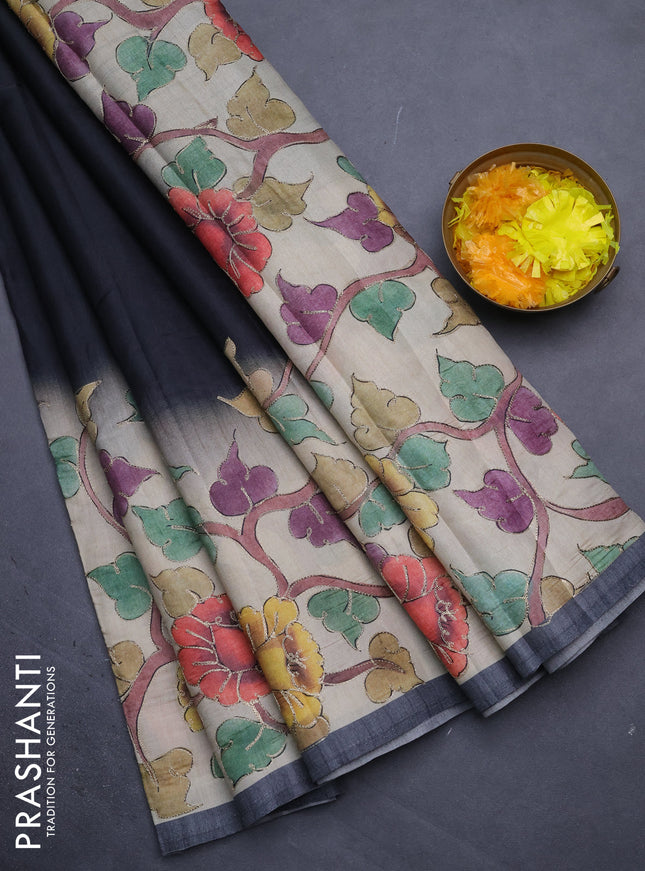 Semi tussar saree black and sandal with plain body and kalamkari prints & pita work border