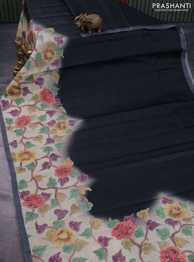 Semi tussar saree black and sandal with plain body and kalamkari prints & pita work border