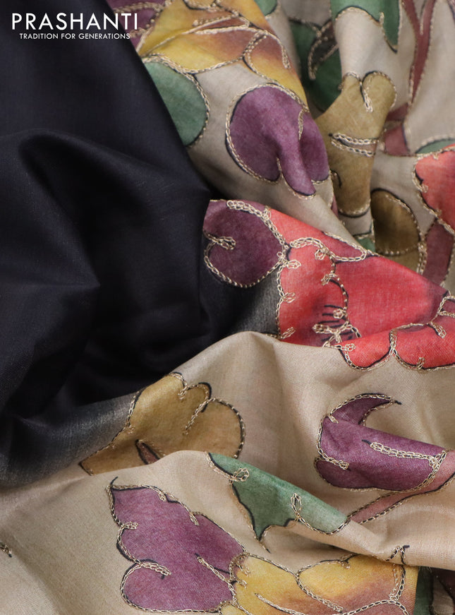 Semi tussar saree black and sandal with plain body and kalamkari prints & pita work border