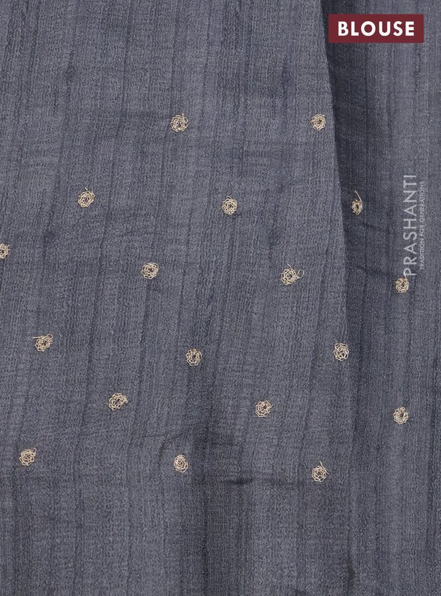 Semi tussar saree black and sandal with plain body and kalamkari prints & pita work border