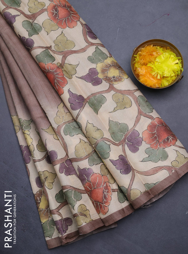 Semi tussar saree brown shade and cream with plain body and kalamkari prints & pita work border