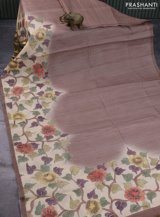 Semi tussar saree brown shade and cream with plain body and kalamkari prints & pita work border
