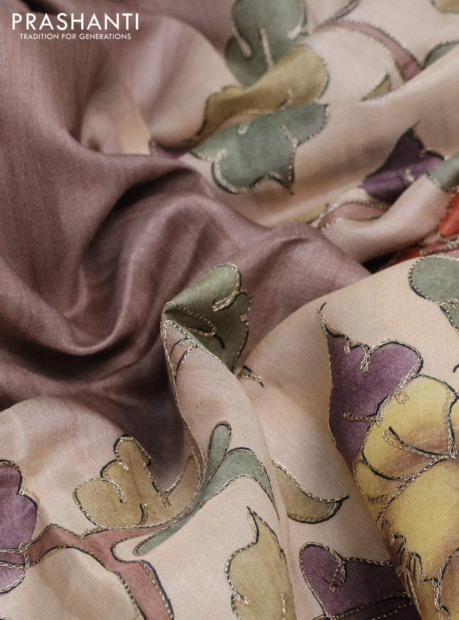 Semi tussar saree brown shade and cream with plain body and kalamkari prints & pita work border