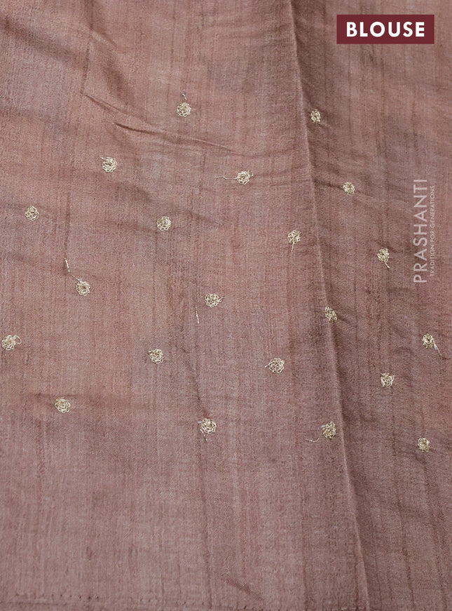 Semi tussar saree brown shade and cream with plain body and kalamkari prints & pita work border