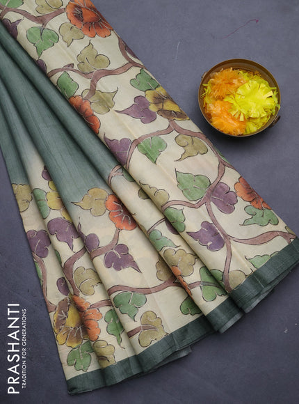 Semi tussar saree sap green shade and cream with plain body and kalamkari prints & pita work border