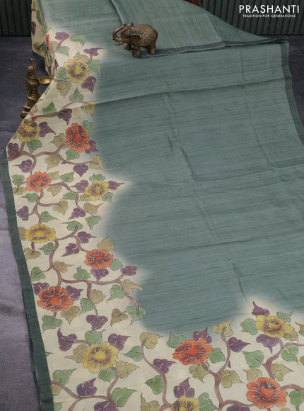 Semi tussar saree sap green shade and cream with plain body and kalamkari prints & pita work border
