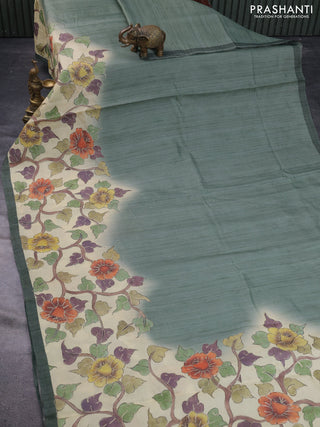 Semi tussar saree sap green shade and cream with plain body and kalamkari prints & pita work border