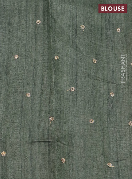 Semi tussar saree sap green shade and cream with plain body and kalamkari prints & pita work border