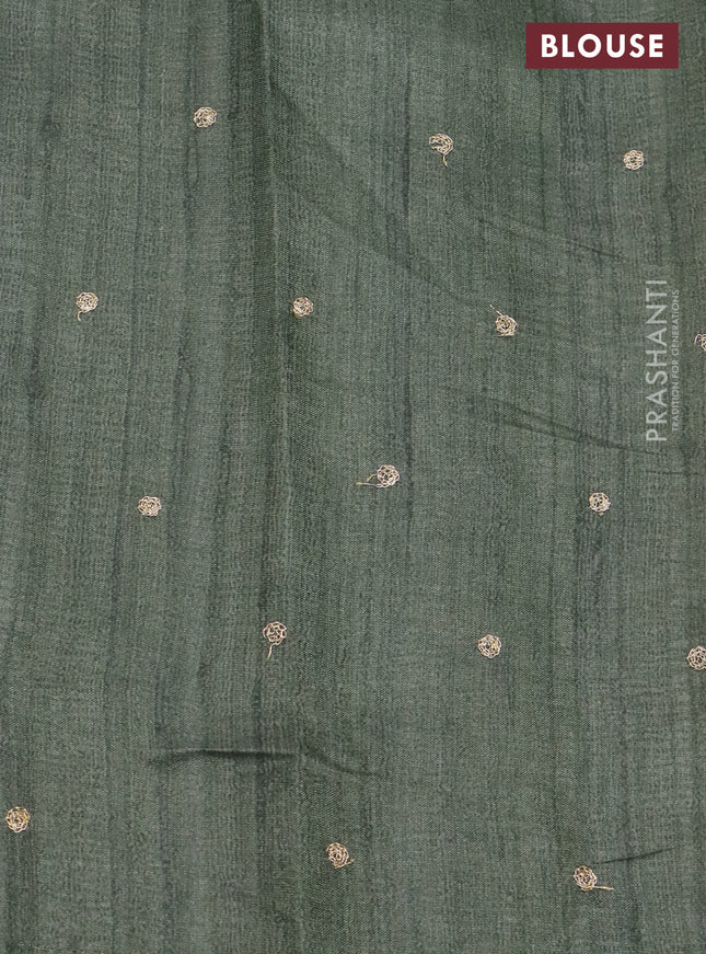 Semi tussar saree sap green shade and cream with plain body and kalamkari prints & pita work border