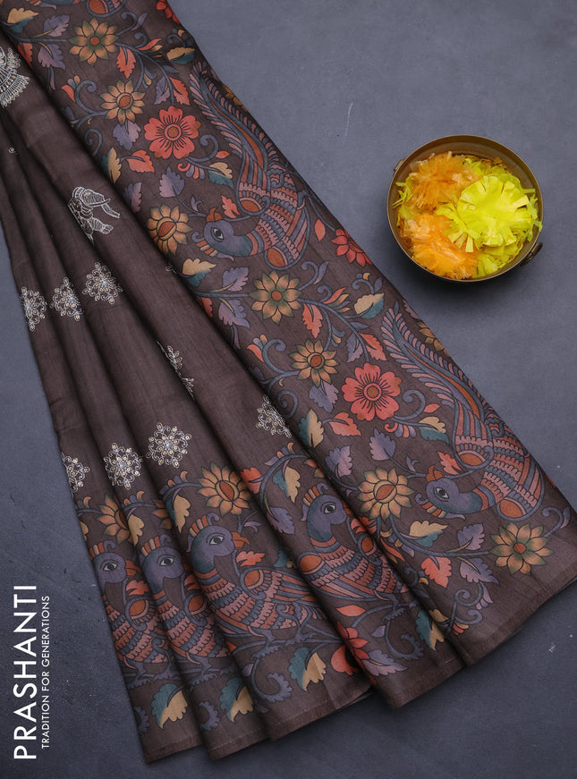 Semi tussar saree brown with embroidery & sequin work buttas and kalamkari printed border