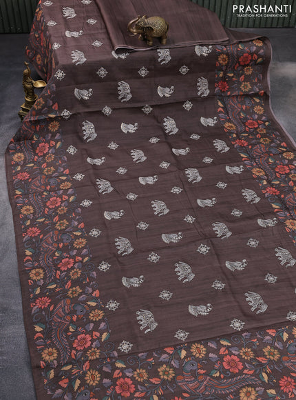 Semi tussar saree brown with embroidery & sequin work buttas and kalamkari printed border